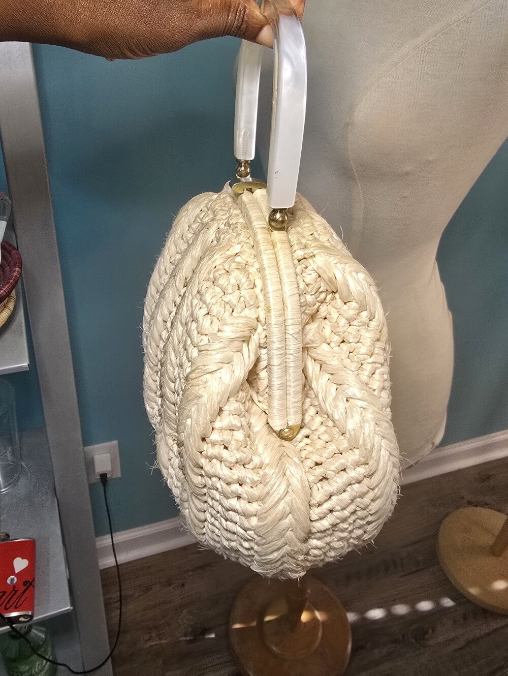 Vintage Corliss Made in Japan Woven Cream Straw Lucite Top-Handle Bag - Picture 2 of 7